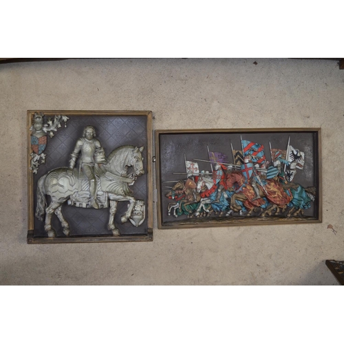 203 - Selection of various medieval style plaques depicting knights , suits of armor, prints etc