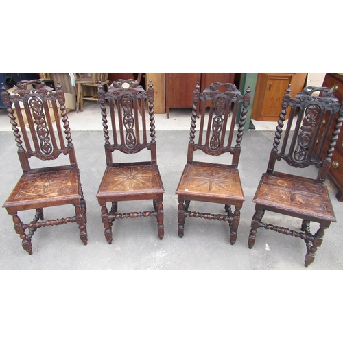 180 - Set of 4 oak dining chairs with carved vine leaf and barley twist design