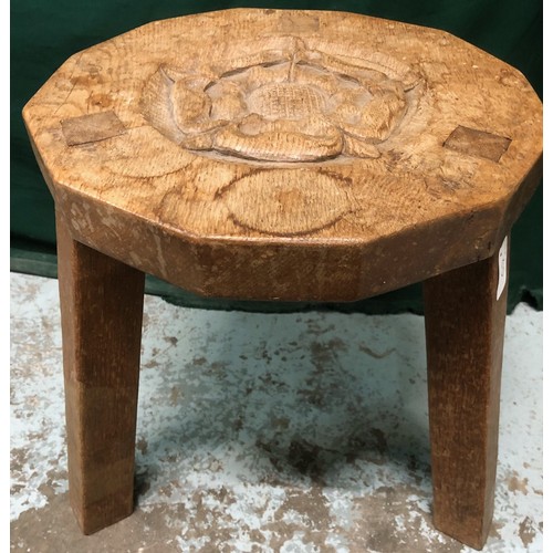 2075A - Thomas Gnomeman Whittaker - oak footstool, twelve sided top carved with a Yorkshire Rose, on three o... 