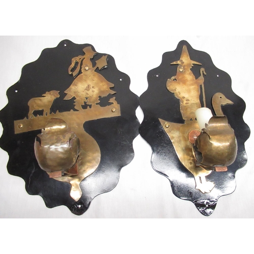 14 - Pair of C20th Folk Art Little Bo Peep and Mother Goose brass wall sconces, silhouette  cut out with ... 