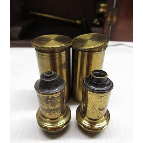 15 - Black japanned and brass monocular microscope by EG Wood, 74 Cheapside London, with screw fine adjus... 