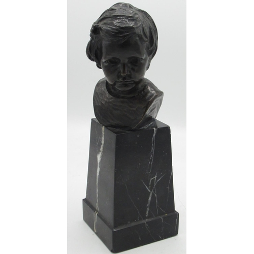 17 - Small C20th patinated bronze head and shoulder bust of a young girl, on square tapering black marble... 