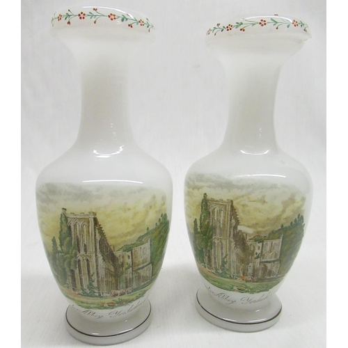 18 - Pair of C19th Richardson opaline glass vases, bottle shaped bodies enamel decorated with a views of ... 