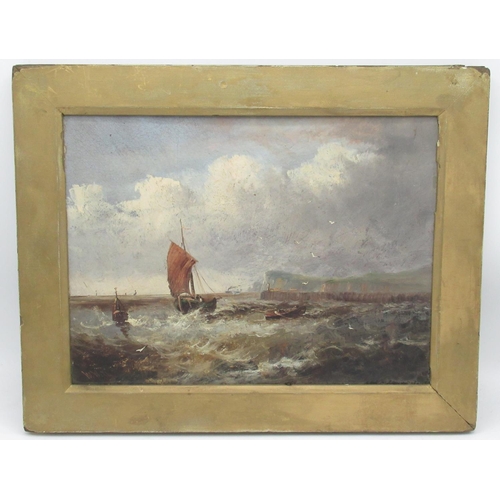 23 - W.Wills (British C19th); Fishing boats off the coast in a heavy swell, steamer beyond, oil on panel,... 