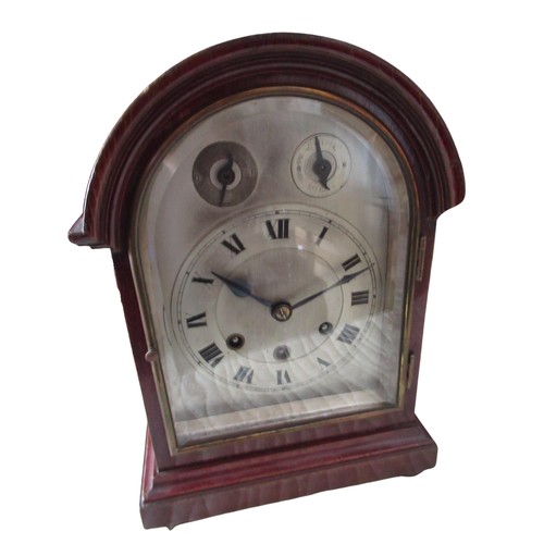 34 - C20th arched top mahogany cased bracket clock, silvered dial with Roman chapter and subsidiary slow/... 