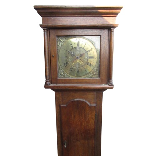 507 - Late C18th oak long case clock, flat topped hood with turned columns, Roman dial with Arabic five mi... 