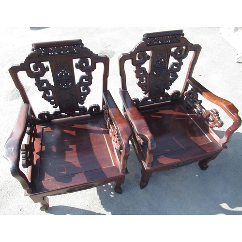 519 - Pair of Chinese zitan hardwood throne type chairs, scroll backs with pierced and carved splat joined... 