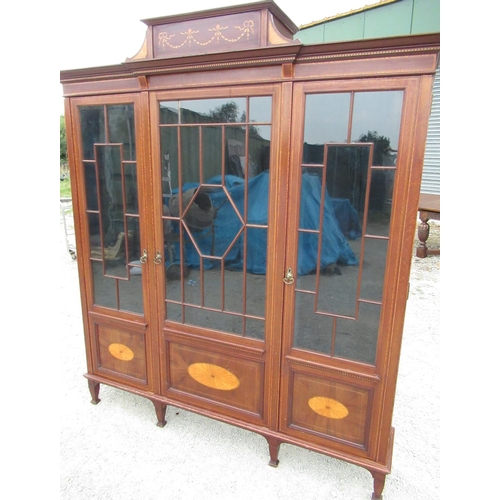 527 - Edwardian satinwood crossbanded mahogany display cabinet with stepped cornice above three astragal g... 