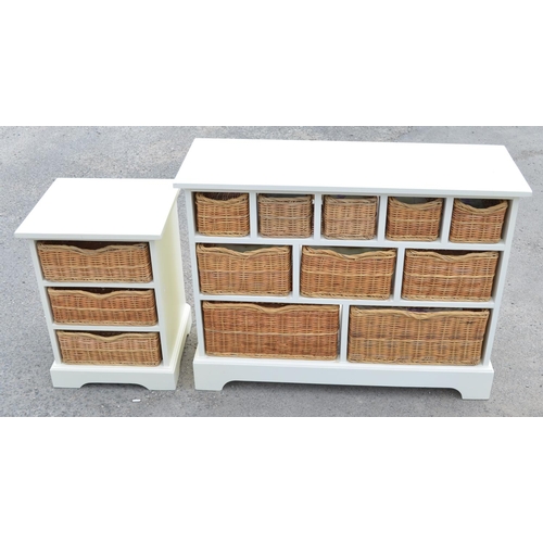 479 - Cream finish side cabinet with ten baskets W103cm D38cm H78cm, and a similar smaller cabinet with th... 