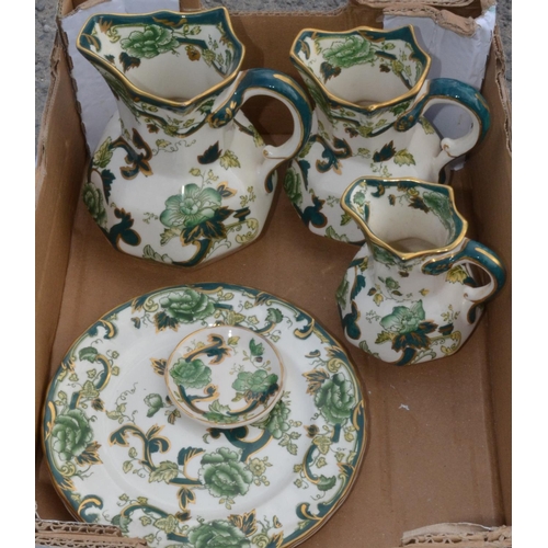 480 - Graduated set of three Mason's chartreuse pattern hydra type jugs, three similar plates and a coaste... 