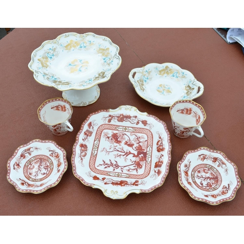 481 - Pair of coal port Indian tree coral pattern teacups and saucers and a similar rectangular dish, coal... 