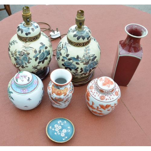 484 - Sang De Birth style vase, H26cm, Qutani vase, Chinese ginger jar and a pair of oriental table lamps ... 