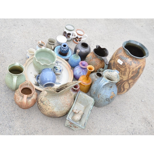 490 - Collection of studio and other pottery including 2 Denby decorated floral mugs, buchan small bowl, l... 