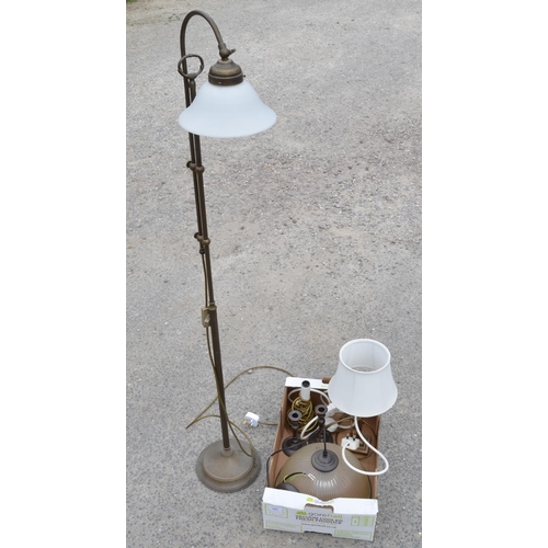 494 - Oxydised brass floor lamp, with opaque shade. opaque glass center light fitting, 2 brass table lamps... 