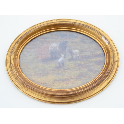 502 - English School (C20th) sheep with 2 lambs watercolour oval, 17cm x 12cm