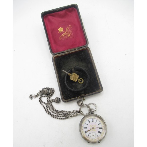 530 - Ladies Swiss silver pocket watch inside engraved “J.A. Buxton,”  stamped 935, on silver chain with c... 