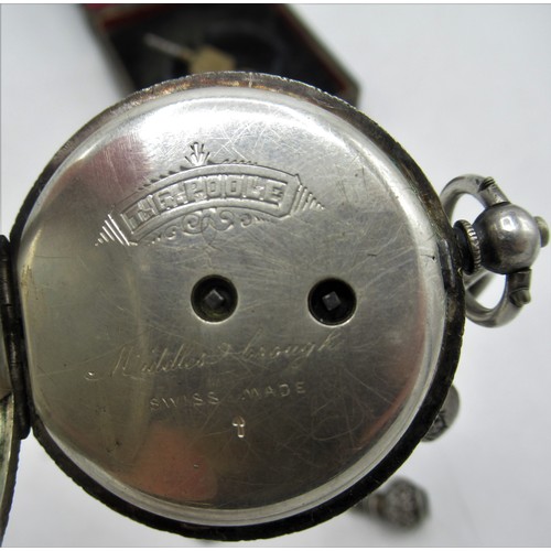 530 - Ladies Swiss silver pocket watch inside engraved “J.A. Buxton,”  stamped 935, on silver chain with c... 