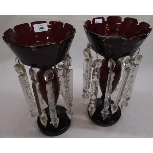108 - Pair of C19th Bohemian ruby lustre vases hung with faceted cut glass drops, H33