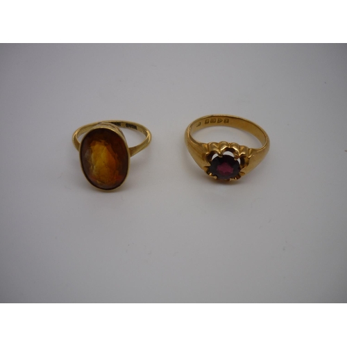 10 - 18ct gold hallmarked ring, claw set with garnet and a 18ct gold opal topaz ring (2) 11.8g gross