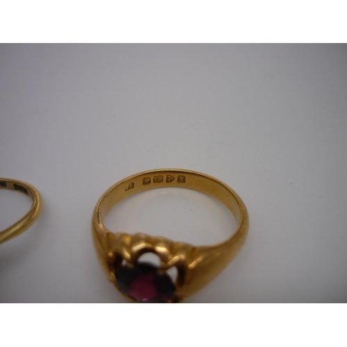 10 - 18ct gold hallmarked ring, claw set with garnet and a 18ct gold opal topaz ring (2) 11.8g gross