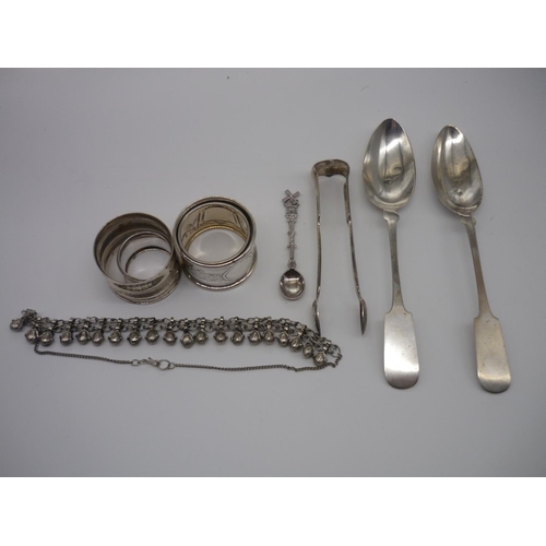 6 - Collection of Foreign metalware incl. pair of Fiddle pattern spoons stamped 800, pr of similar sugar... 