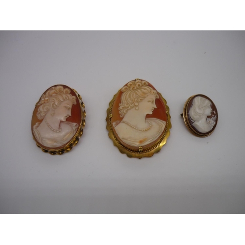 8 - Three 9ct gold hallmarked oval Cameo brooches, 5cm max (3)