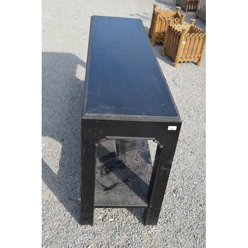 203 - Georgian style ebonised side table with two drawers on square supports W160cm D45cm H77cm.