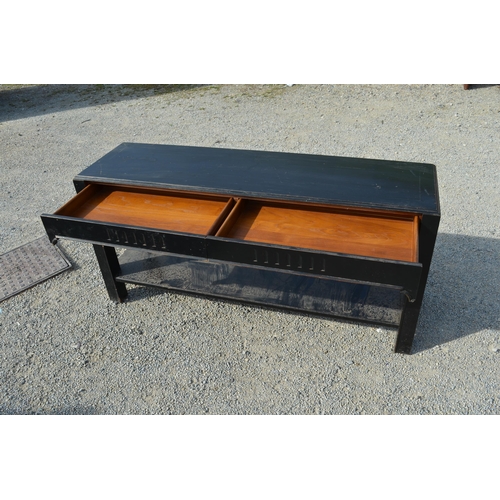 203 - Georgian style ebonised side table with two drawers on square supports W160cm D45cm H77cm.