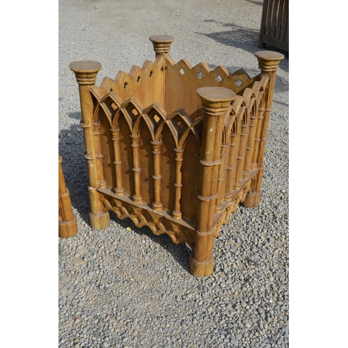 205 - Pair of oak finish Gothic style planters with arcaded side and cluster column supports. W41cm x D41c... 