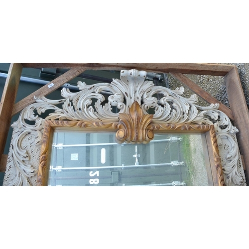 231 - Large Chippendale style, upright rectangular mirror,  white finish scroll carved frame with gilt inn... 