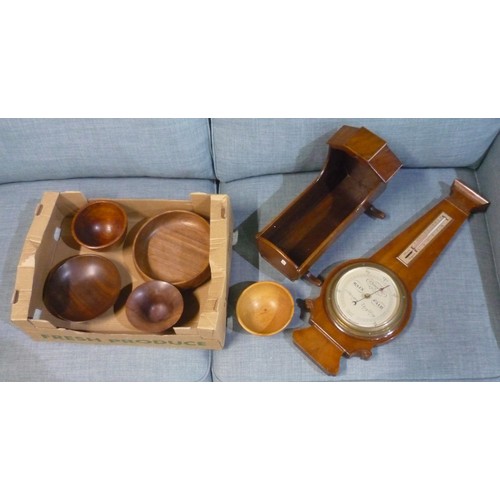 485 - C19th mahogany dolls crib, Short and Mason barometer/thermometer, four turned wooden bowls and two w... 