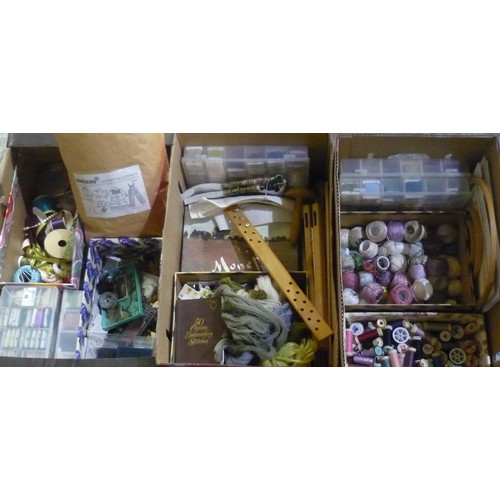 486 - Large collection of embroidery accessories including silks, wools, etc (3 boxes)