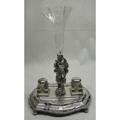 30 - Victorian EPNS ink stand, oval base with gadrooned border and central cast figure of a knight slayin... 