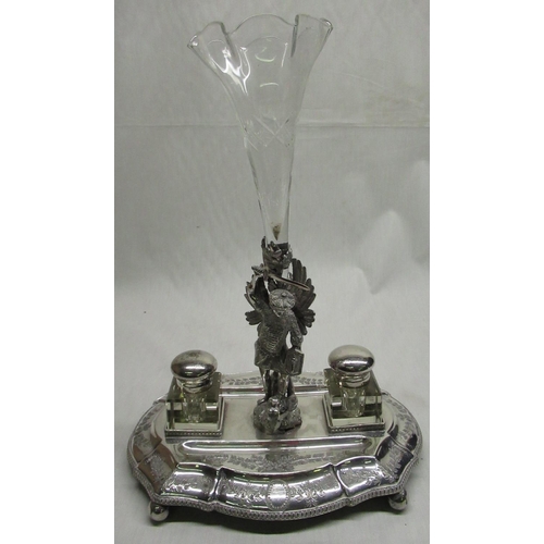 30 - Victorian EPNS ink stand, oval base with gadrooned border and central cast figure of a knight slayin... 