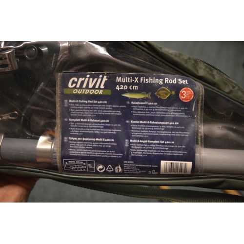 Four fishing rods including an as new Crivit outdoor multi fishing rod set  with bag, Shakespeare 3.9