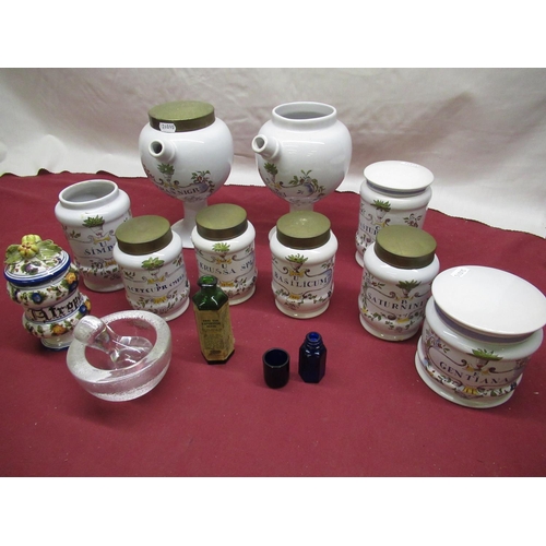 97 - 18th C style Italian Majolica ware apothecary jars with brass lids, glass mortar and pestle and othe... 