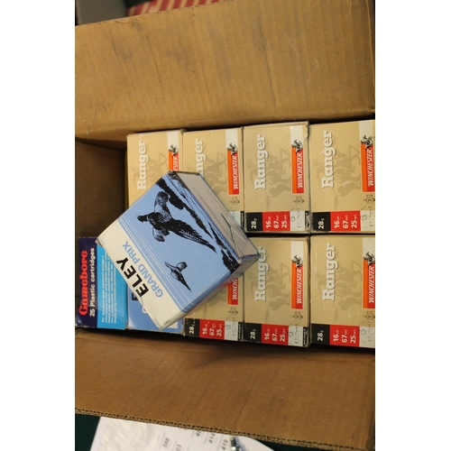 394 - Box containing 10 boxes (500) of 16B shotgun cartridges of various styles and makes, including Eley,... 