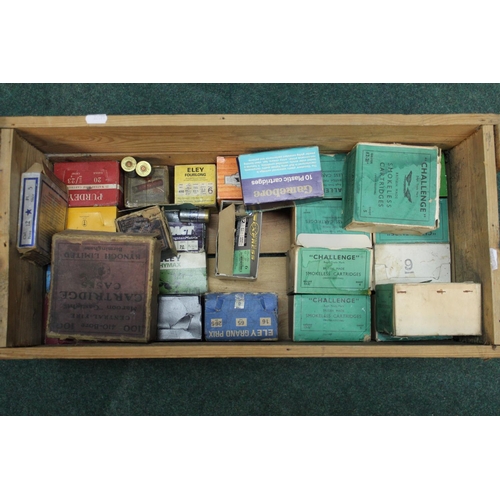 397 - Wooden military cartridge box containing a large collection of shotgun cartridges, of various calibr... 
