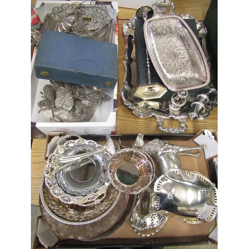 131 - Collection of assorted silver plated ware, including teapots, cutlery, dishes, large stag etc (3 box... 