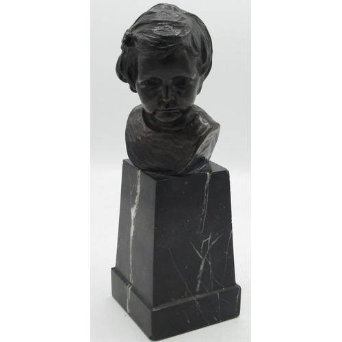 564 - Small C20th patinated bronze head and shoulder bust of a young girl, on square tapering black marble... 