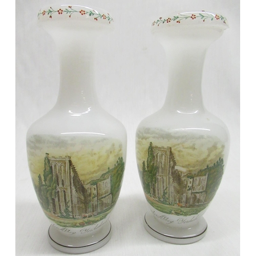 566 - Pair of C19th Richardson opaline glass vases, bottle shaped bodies enamel decorated with a views of ... 