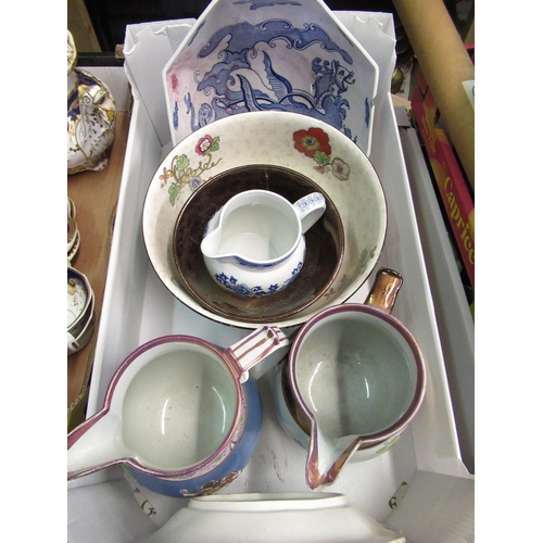 572 - Two C19th lustre jugs, C19th Masons patent fruit bowl, blue & white dragon decoration & selection of... 