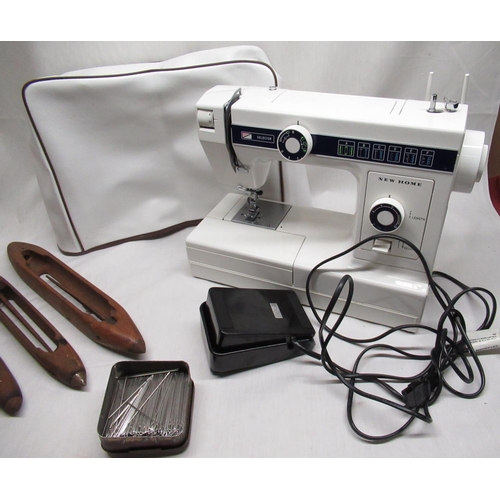 580 - Janome New Home Sewing Machine, six antique weaving shuttles, a Enry Mills & Son Ltd. weaving shuttl... 
