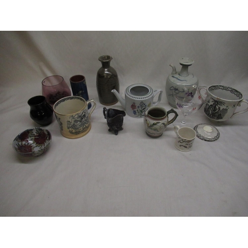 586 - Collection of Studio pottery, Victorian pottery, and hand painted glass