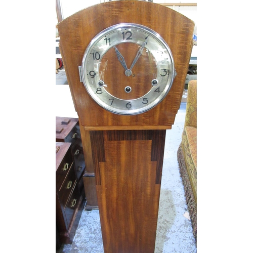 553 - Art Deco walnut cased grandmother clock with silvered Arabic chapter ring, three train movement