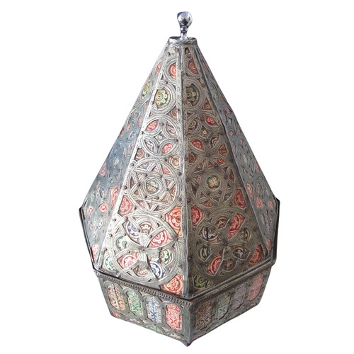 558 - C19th Indian octagonal box, dot prick white metal decorated with pen work coloured ivory geometric p... 