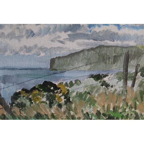 552 - Lucy M. Hainsworth (B.1935); ‘Flamborough,’ oil on board, signed, (No.46), 26.5cm x 48.5cm