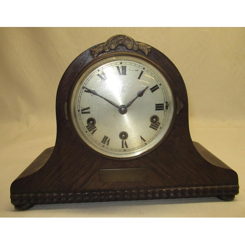 106 - Into War Gustaff Becker mantle clock oak arch topped case, brass bezel enclosing silvered dial with ... 