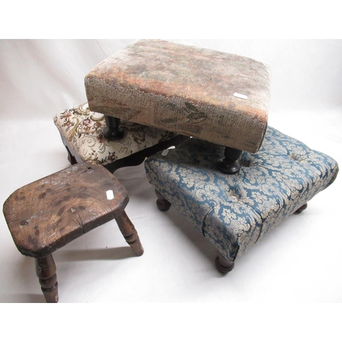 109 - C19th Elm childs stool with rectangular top canted corners on 4 turned tapering and ringed legs and ... 