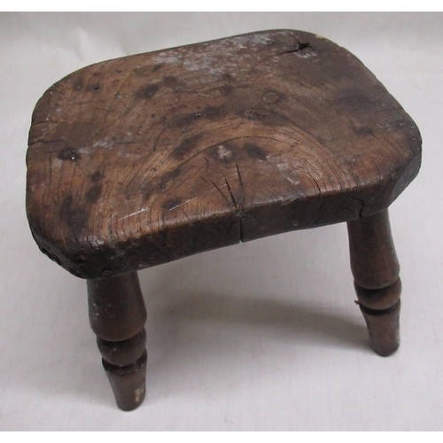 109 - C19th Elm childs stool with rectangular top canted corners on 4 turned tapering and ringed legs and ... 
